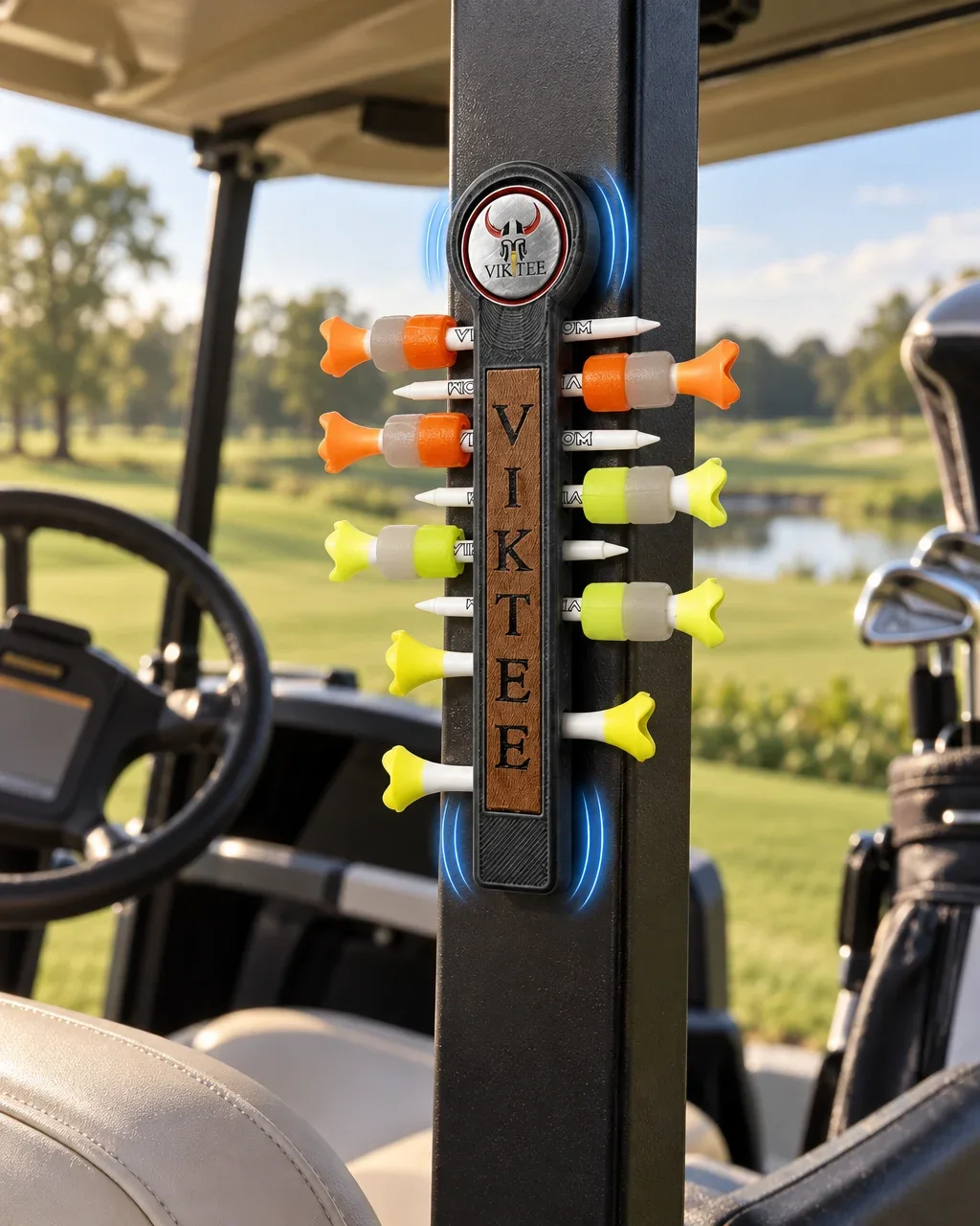 Porta-tees magnético VIKTEE pegado al poste de un carrito de golf